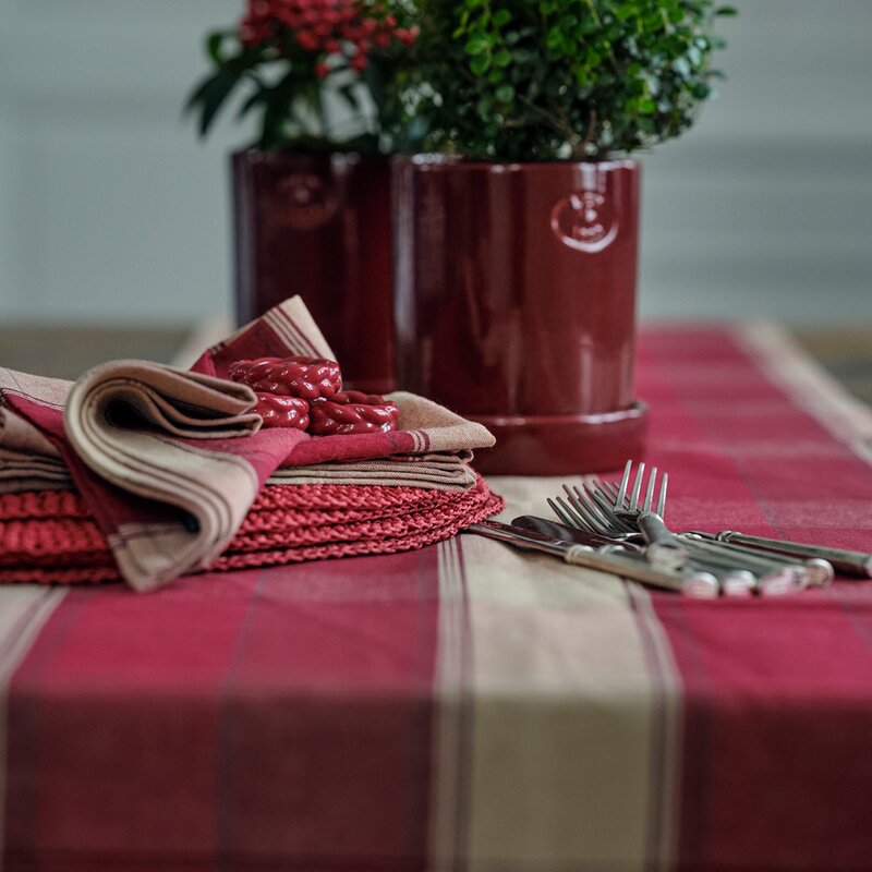 Rutete løper lin/bomull 50x250 cm rød/beige