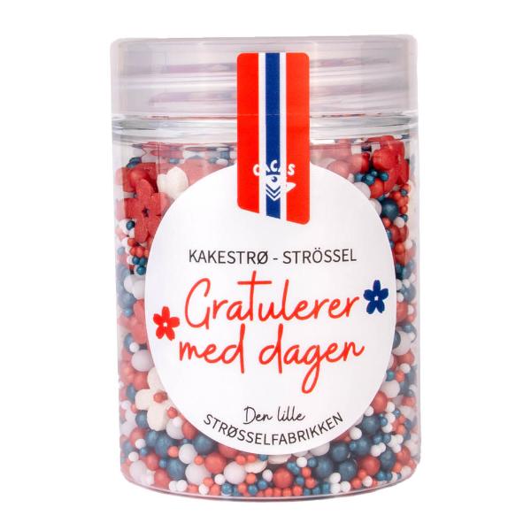 Kakestrø Gratulerer med dagen 90g rød/hvit/blå