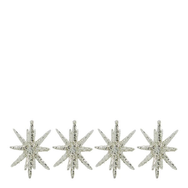 Spike juletrepynt stjerner 7,5 cm 4 stk sølv/glitter