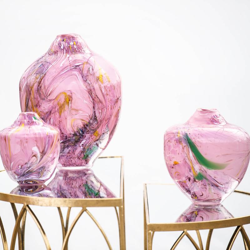 Unik skulptur kunstglass M 24 cm rosa multi