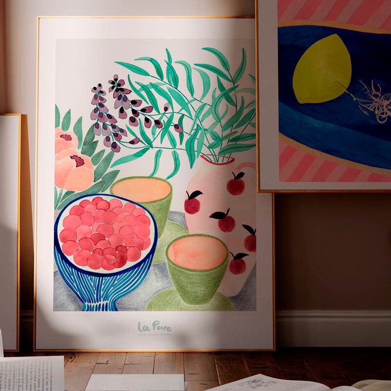 La Poire poster 50x70 cm still life with tea and grapes