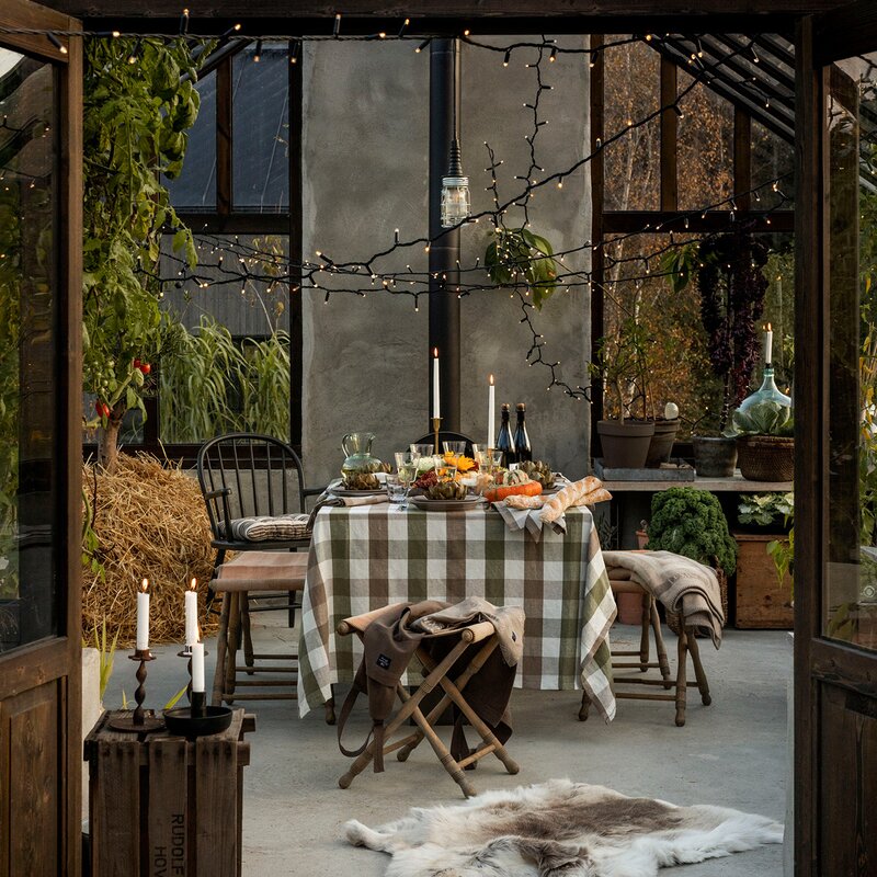 Rutete lin/bomulls duk 180x180 cm oliven/hvit/brun