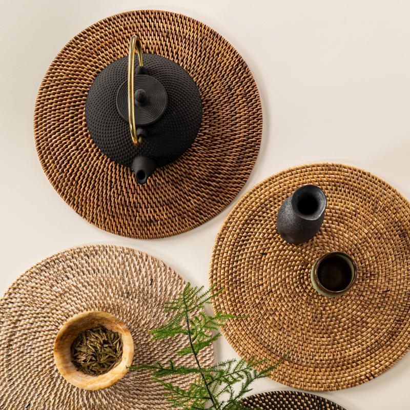 Rattan dekkebrikke D36 cm rund mørk brun