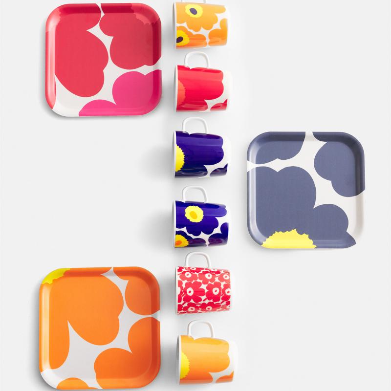 Unikko serveringsbrett 20x20 cm hvit/oransje/rød