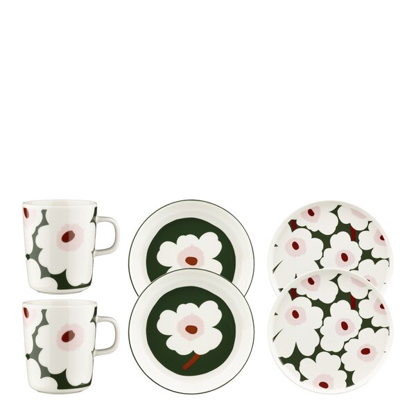 Unikko middagssett 6 deler hvit/mørk grønn/rosa