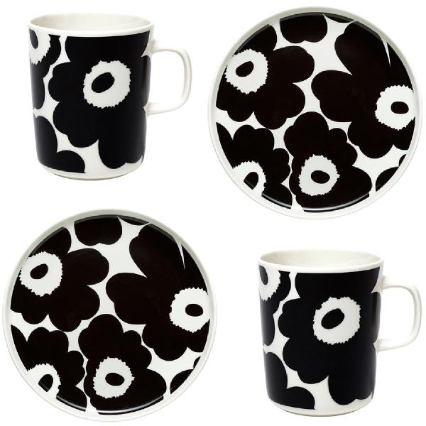Unikko frokostsett krus og tallerken svart/hvit