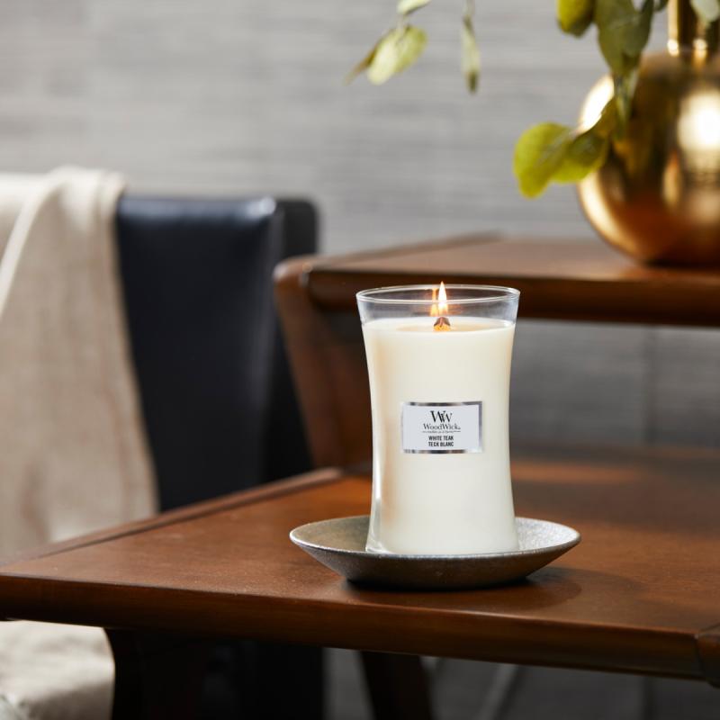 Hourglass duftlys stor white teak