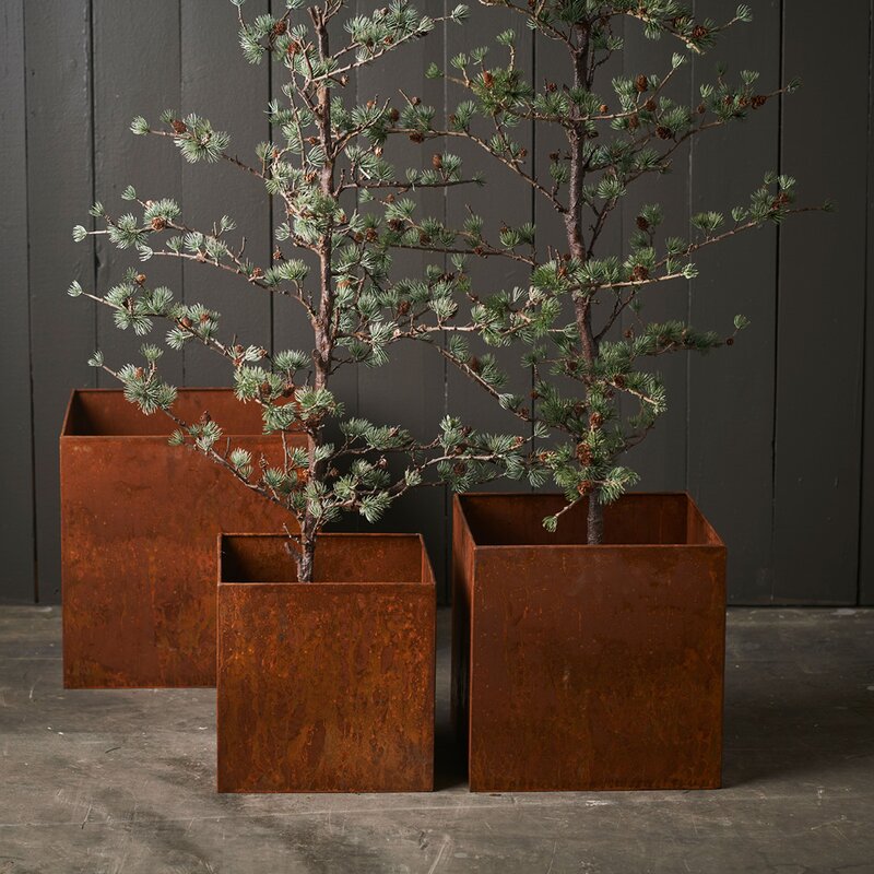 Blomsterkasse kvadratisk sett 3 stk 30+27+24 cm rust