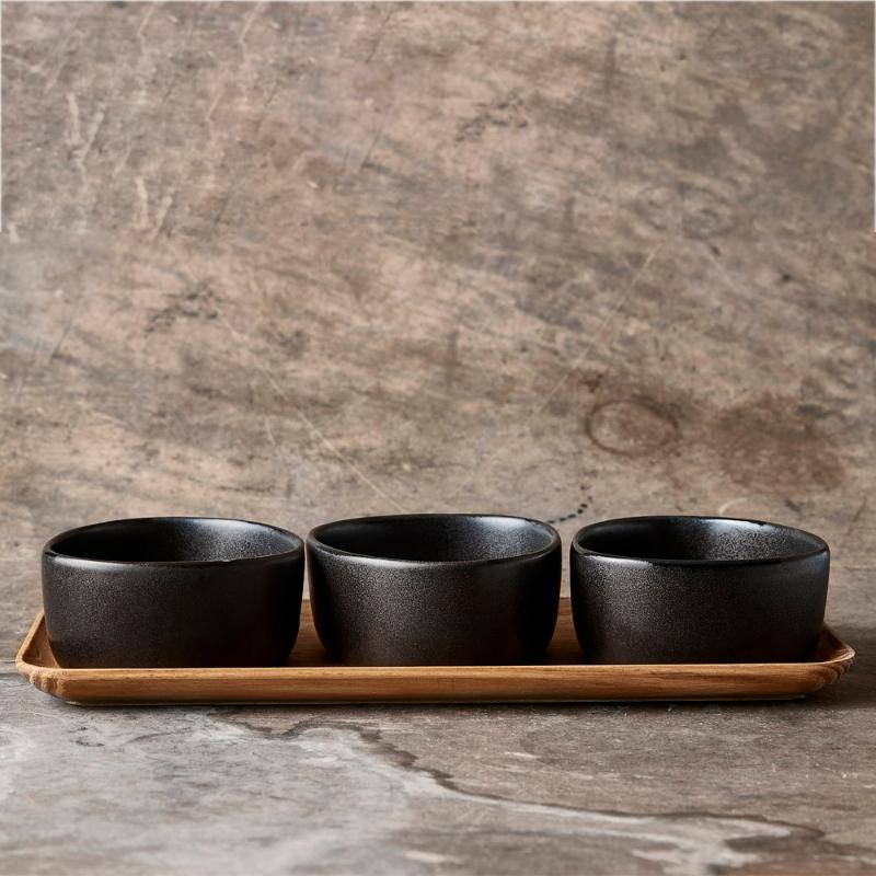 RAW Titanium Black organic skålsett 3 stk m/teakbrett 14x32,5 cm
