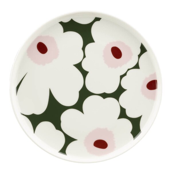 Unikko asjett 20 cm hvit/mørk grønn/rosa