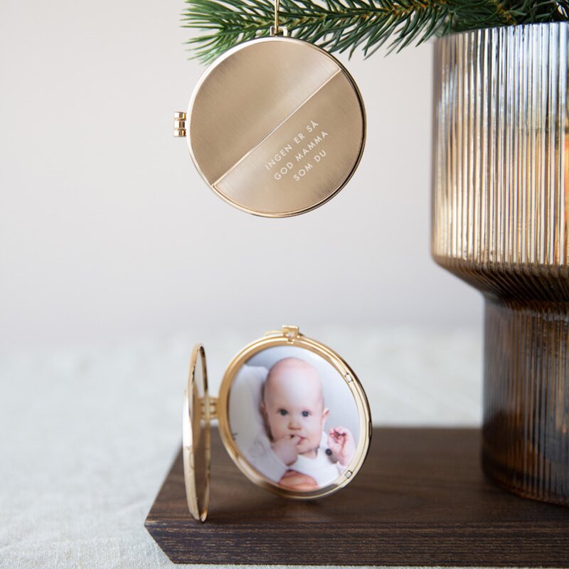 Julepynt medaljong m/fotoramme 7x7 cm mamma gull