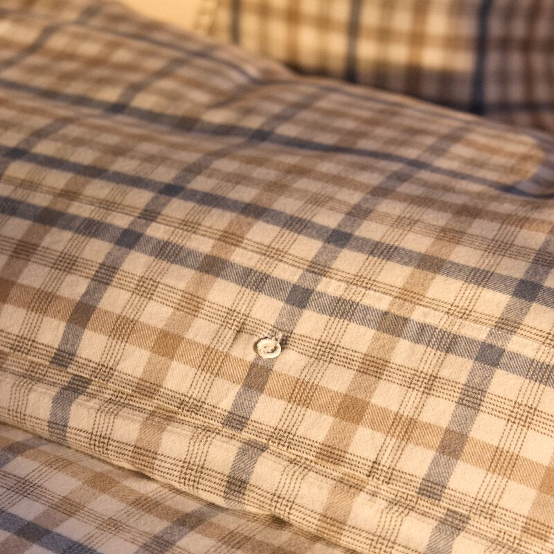 Rutete flannell sengesett 200x140 cm tåkeblå/beige/hvit