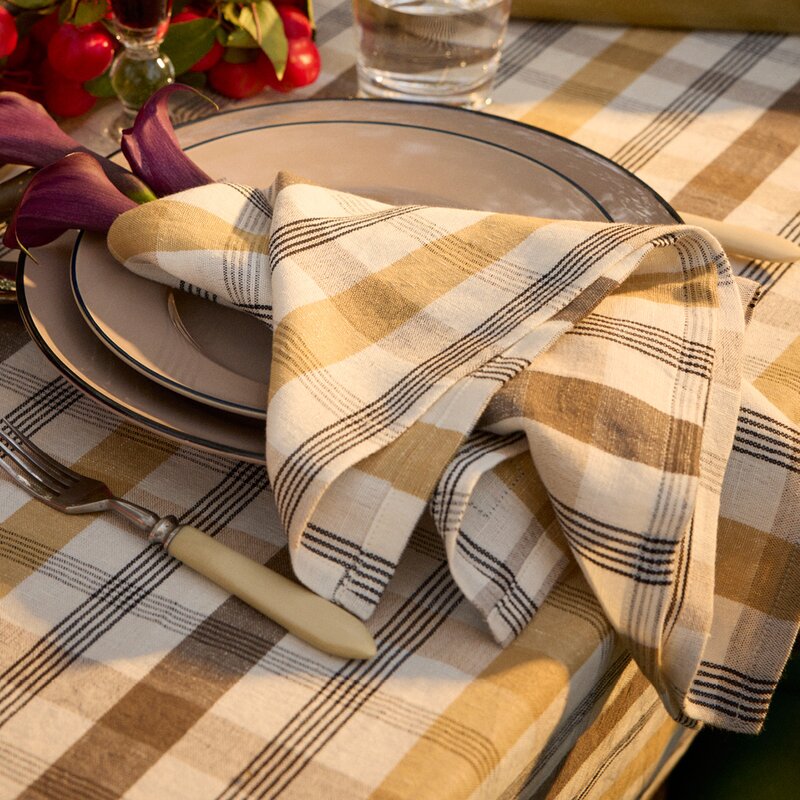 Rutete lin/bomulls serviett 50x50 cm oliven/hvit/beige