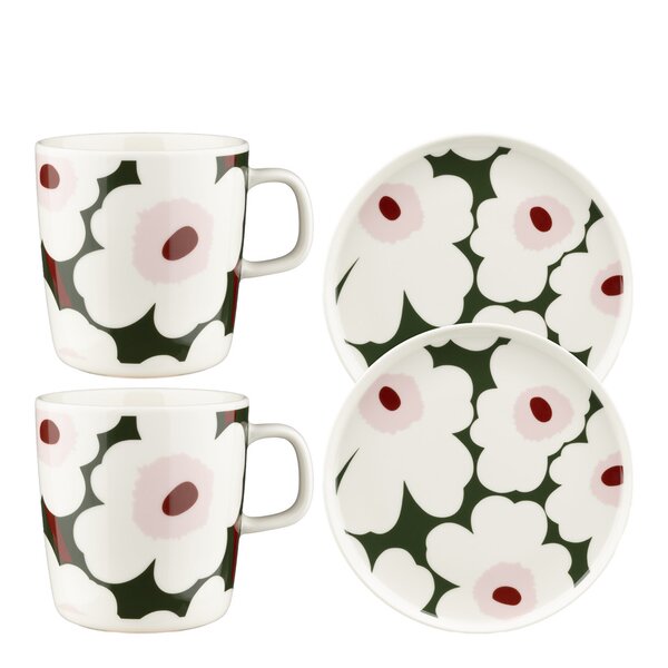 Unikko frokostsett 4 deler 40 cl hvit/mørk grønn/rosa