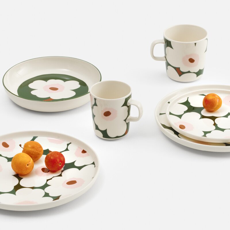 Unikko middagssett 6 deler hvit/mørk grønn/rosa