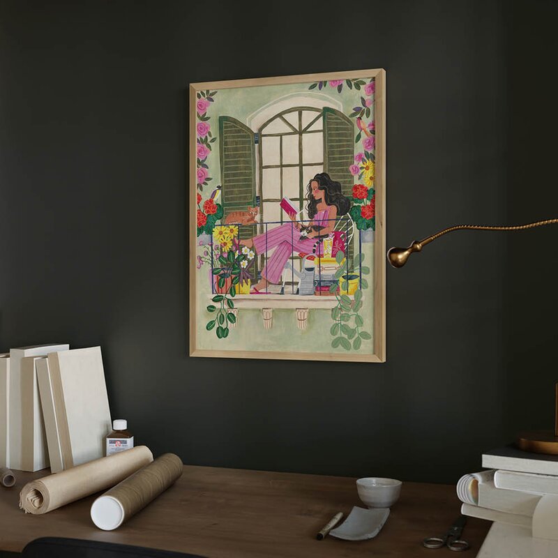 Caroline Bonne Müller poster 50x70 cm woman reads on balcony with cats
