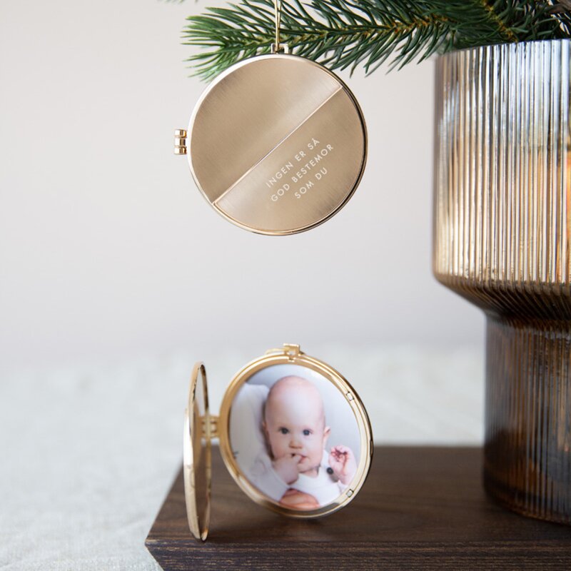 Julepynt medaljong m/fotoramme 7x7 cm bestemor gull