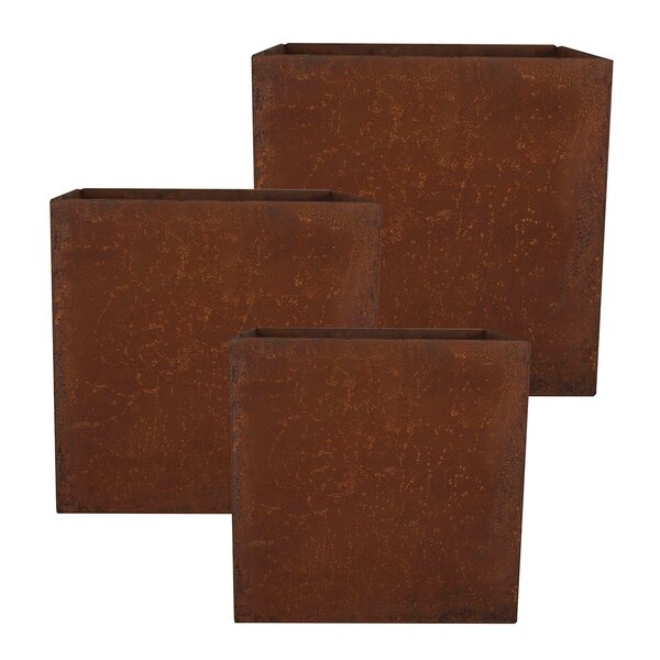 Blomsterkasse kvadratisk sett 3 stk 30+27+24 cm rust