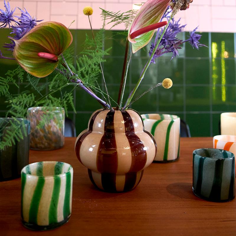Calore vase/lyslykt 15x15 cm grønn/beige stripete