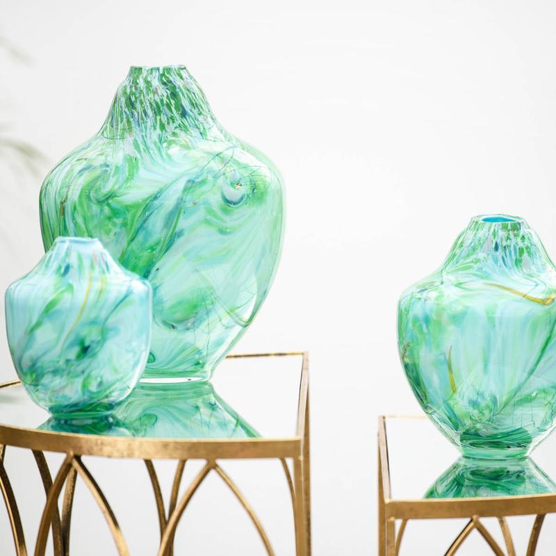 Unik skulptur kunstglass L 17 cm grønn multi
