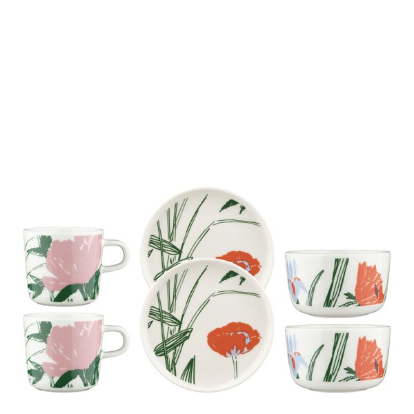 Puutarhakutsut kaffesett 6 deler hvit/grønn/oransje