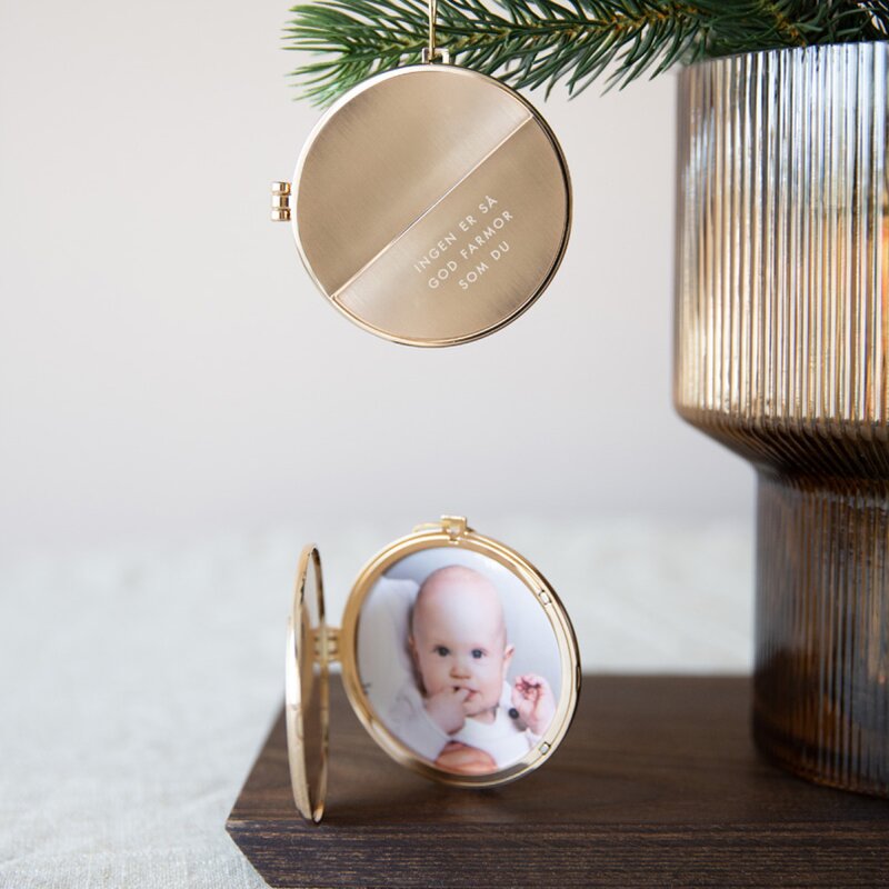 Julepynt medaljong m/fotoramme 7x7 cm farmor gull
