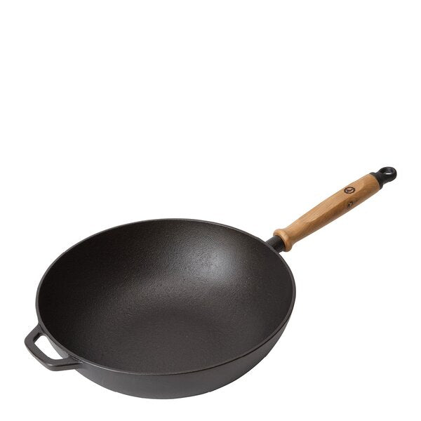 Signerat wokpanne støpejern 32 cm eiketre/svart